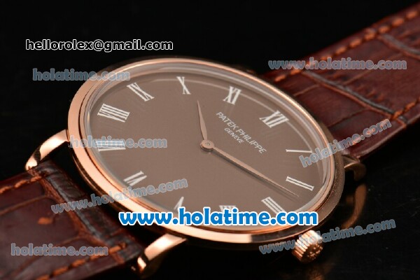 Patek Philippe Calatrava Miyota OS2035 Quartz Rose Gold Case with White Roman Numeral Markers and Brown Dial - Click Image to Close